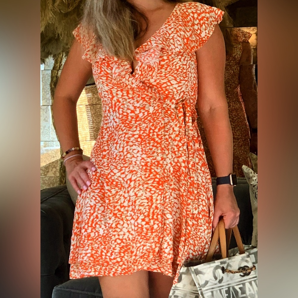 🧡 FREE PEOPLE ORANGE RUFFLE WRAP DRESS S 🧡